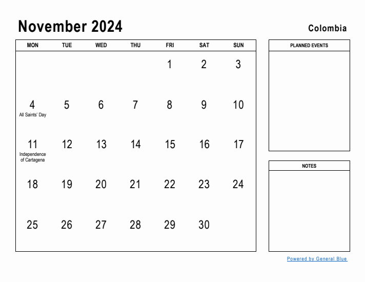 November 2024 Printable Monthly Calendar with Colombia Holidays