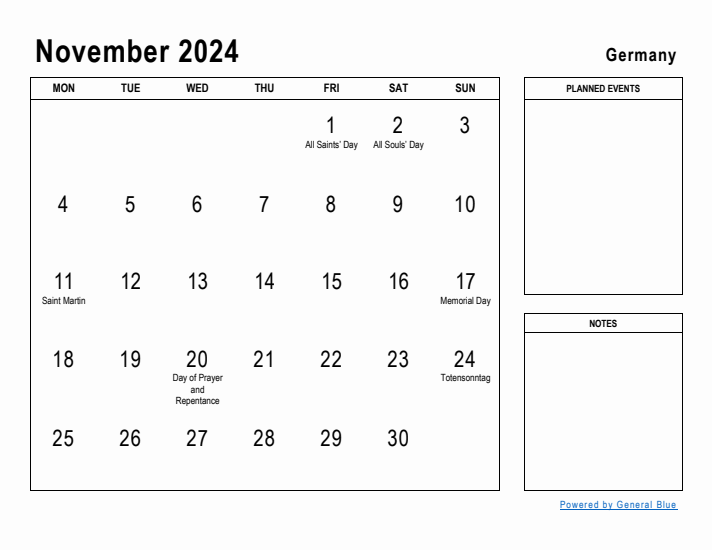 November 2024 Printable Monthly Calendar with Germany Holidays