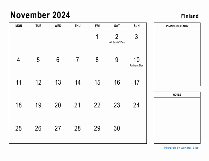 November 2024 Printable Monthly Calendar with Finland Holidays