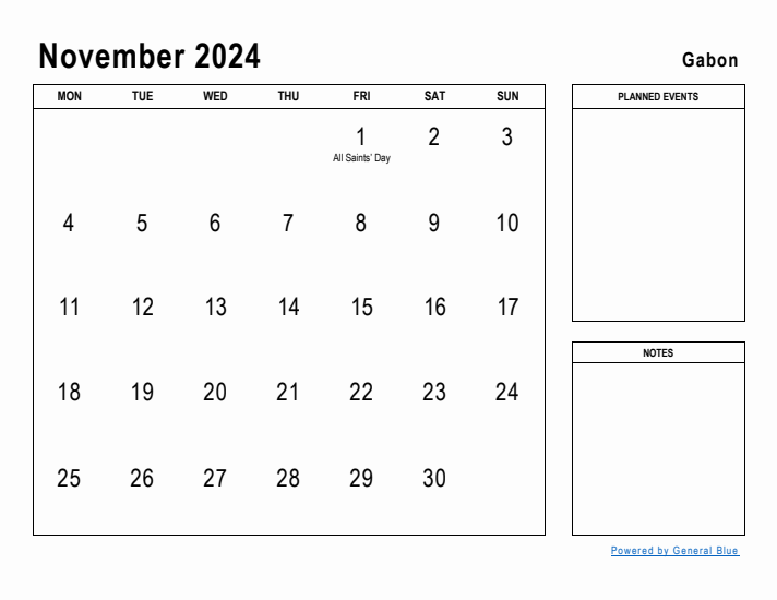 November 2024 Printable Monthly Calendar with Gabon Holidays