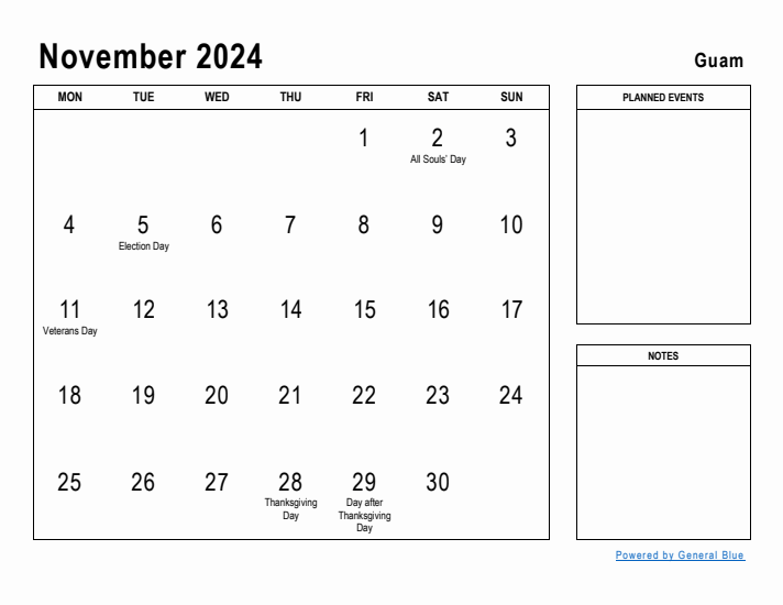 November 2024 Printable Monthly Calendar with Guam Holidays