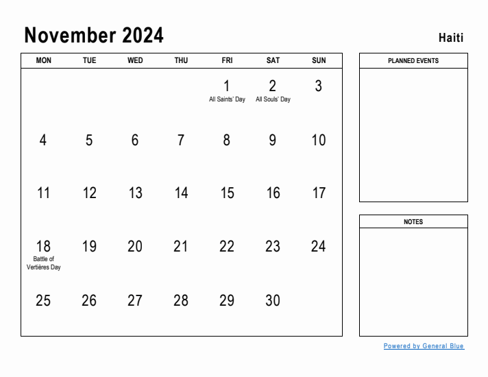 November 2024 Printable Monthly Calendar with Haiti Holidays