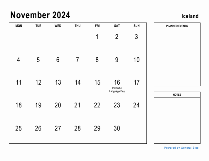 November 2024 Printable Monthly Calendar with Iceland Holidays