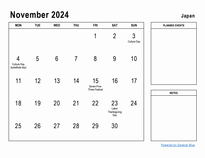 November 2024 Printable Monthly Calendar with Japan Holidays