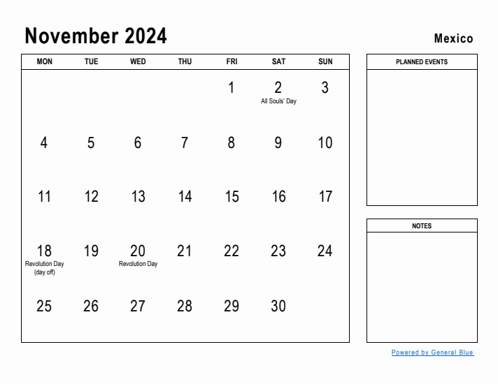 November 2024 Printable Monthly Calendar with Mexico Holidays