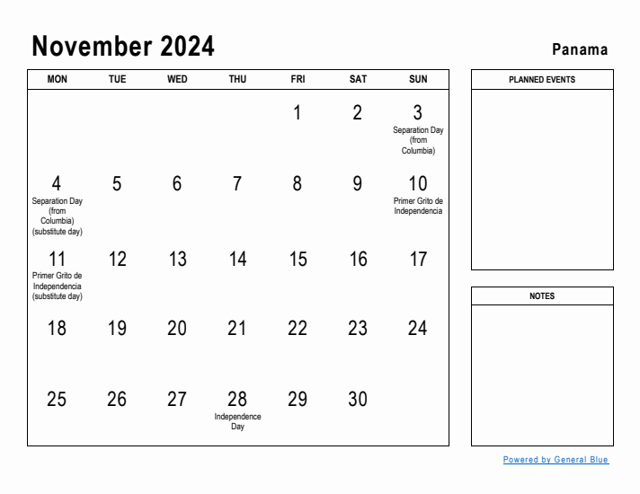 November 2024 Printable Monthly Calendar with Panama Holidays