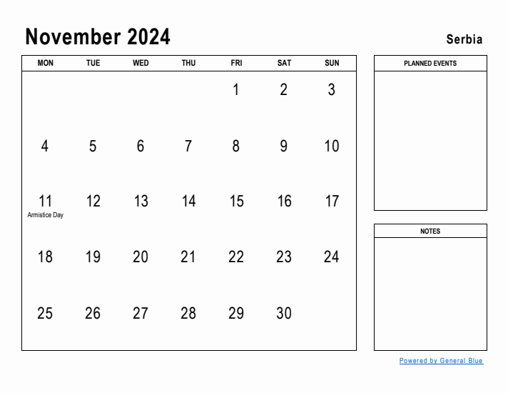 November 2024 Printable Monthly Calendar with Serbia Holidays