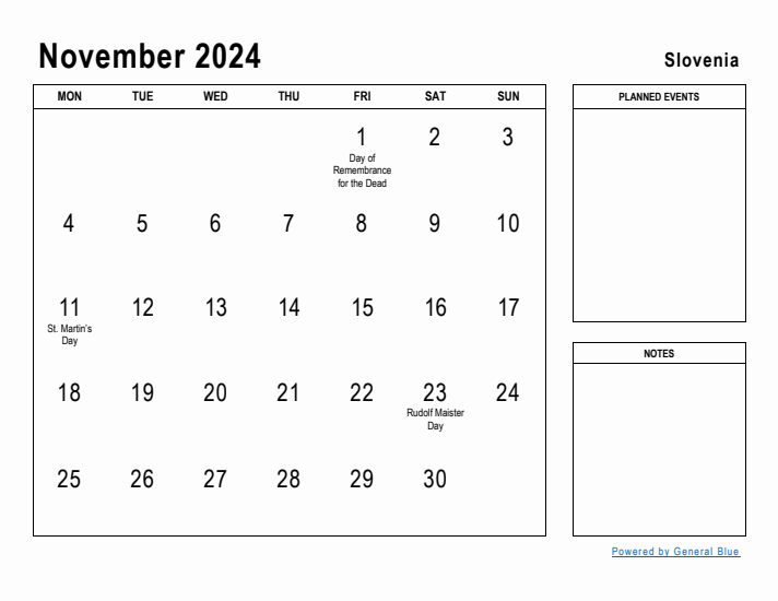 November 2024 Printable Monthly Calendar with Slovenia Holidays