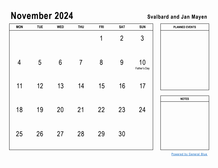 November 2024 Printable Monthly Calendar with Svalbard and Jan Mayen Holidays