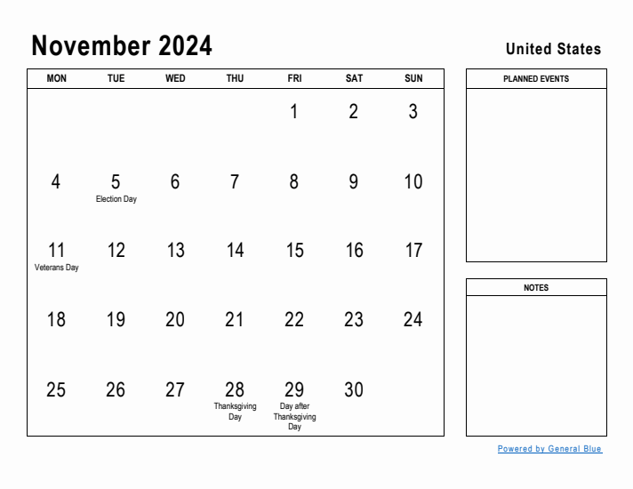 November 2024 Printable Monthly Calendar with United States Holidays