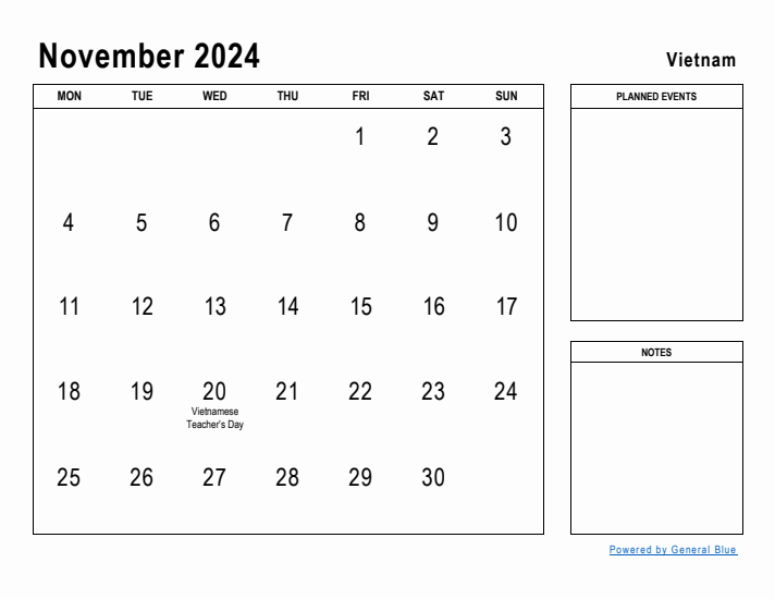 November 2024 Printable Monthly Calendar with Vietnam Holidays