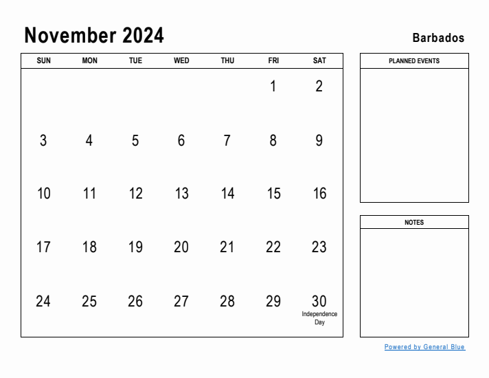 November 2024 Printable Monthly Calendar with Barbados Holidays