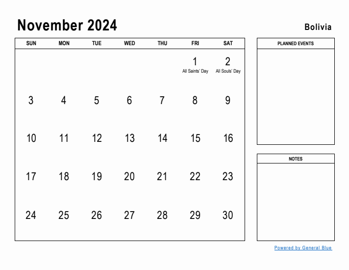 November 2024 Printable Monthly Calendar with Bolivia Holidays