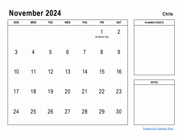 November 2024 Printable Monthly Calendar with Chile Holidays