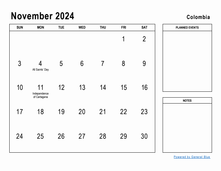 November 2024 Printable Monthly Calendar with Colombia Holidays