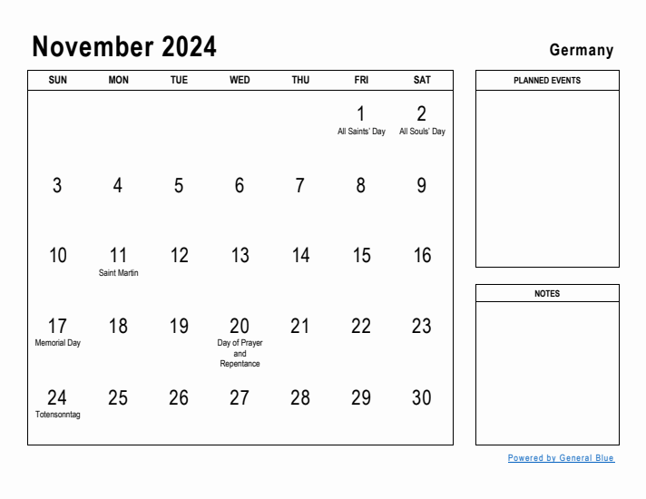 November 2024 Printable Monthly Calendar with Germany Holidays