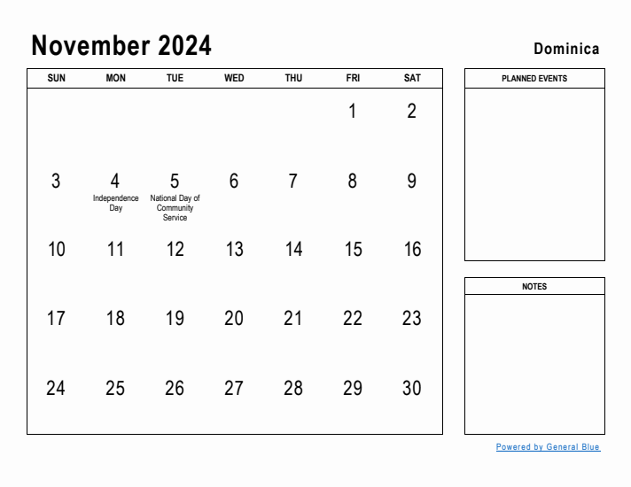 November 2024 Printable Monthly Calendar with Dominica Holidays