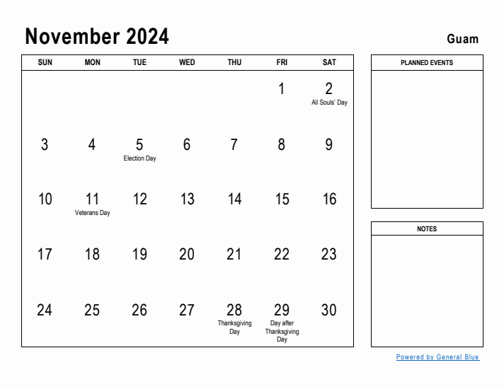 November 2024 Printable Monthly Calendar with Guam Holidays