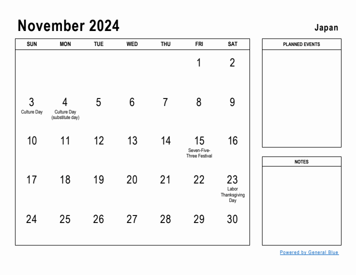 November 2024 Printable Monthly Calendar with Japan Holidays