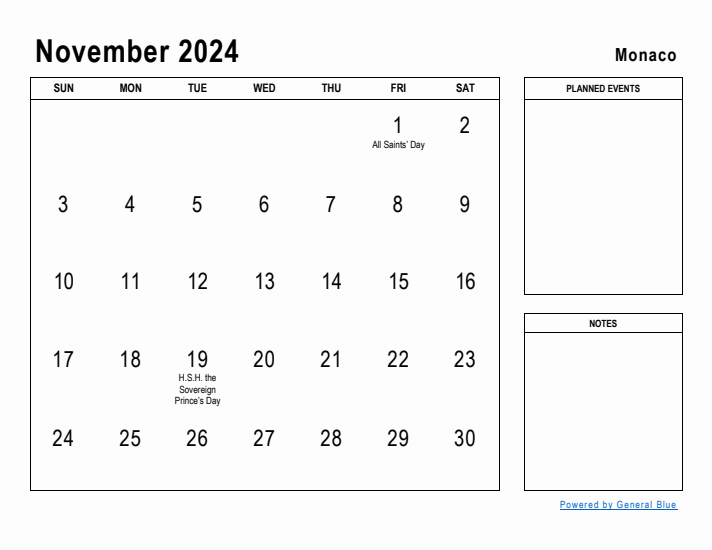 November 2024 Printable Monthly Calendar with Monaco Holidays