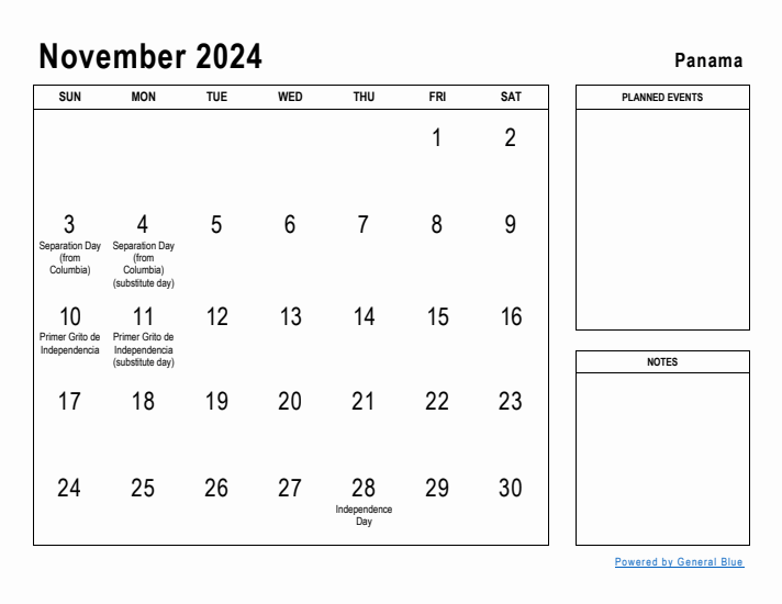 November 2024 Printable Monthly Calendar with Panama Holidays