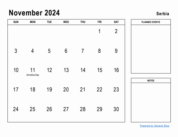 November 2024 Printable Monthly Calendar with Serbia Holidays