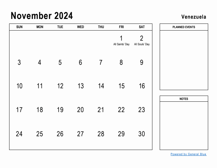 November 2024 Printable Monthly Calendar with Venezuela Holidays