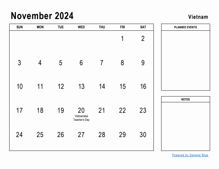 November 2024 Printable Monthly Calendar with Vietnam Holidays