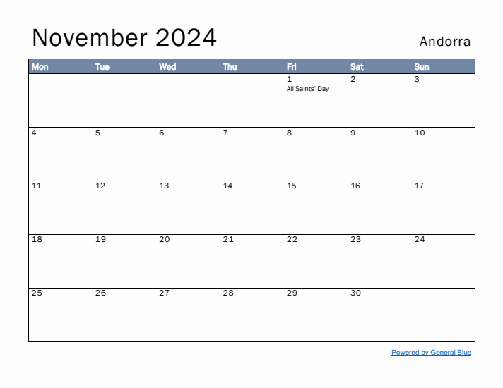 November 2024 Simple Monthly Calendar for Andorra