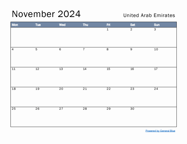 November 2024 Simple Monthly Calendar for United Arab Emirates