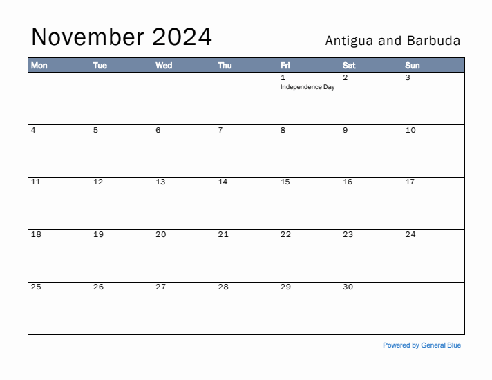 November 2024 Simple Monthly Calendar for Antigua and Barbuda