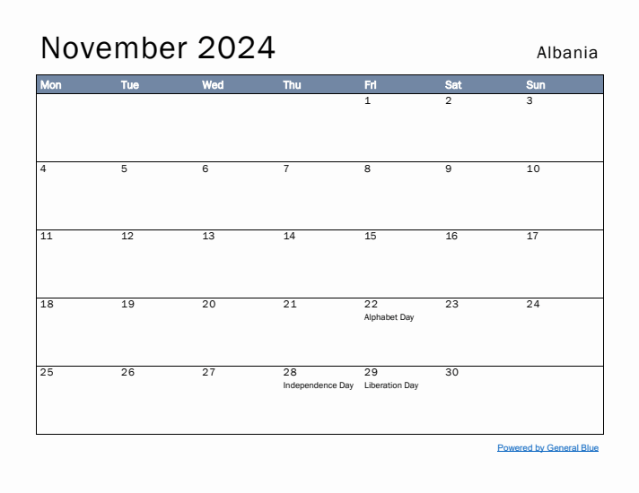 November 2024 Simple Monthly Calendar for Albania