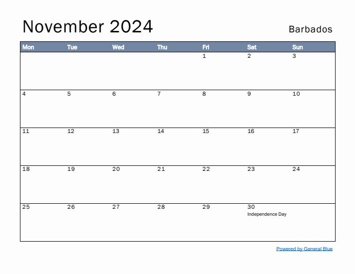 November 2024 Simple Monthly Calendar for Barbados