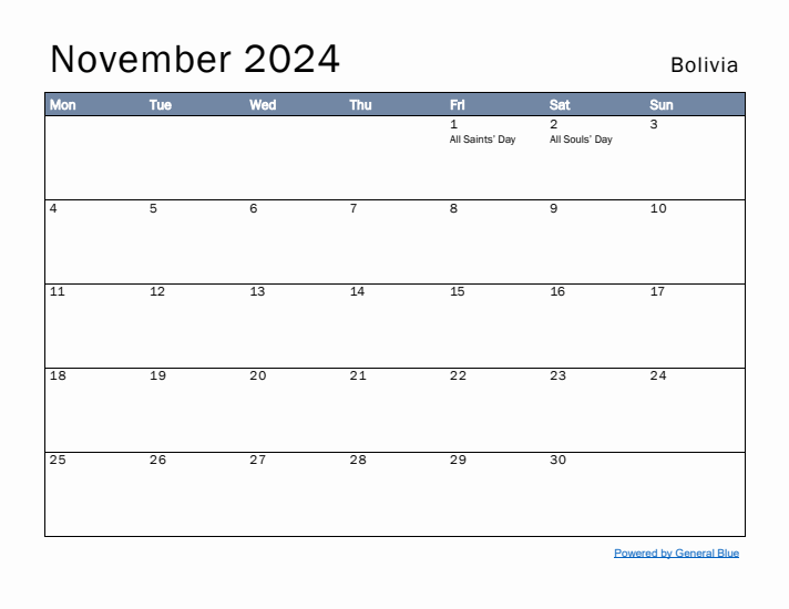 November 2024 Simple Monthly Calendar for Bolivia