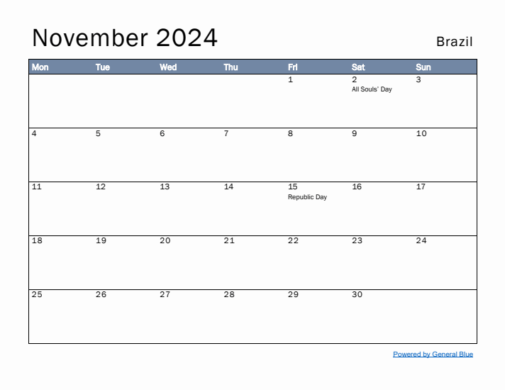 November 2024 Simple Monthly Calendar for Brazil