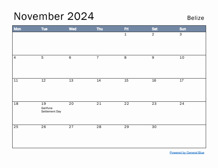 November 2024 Simple Monthly Calendar for Belize