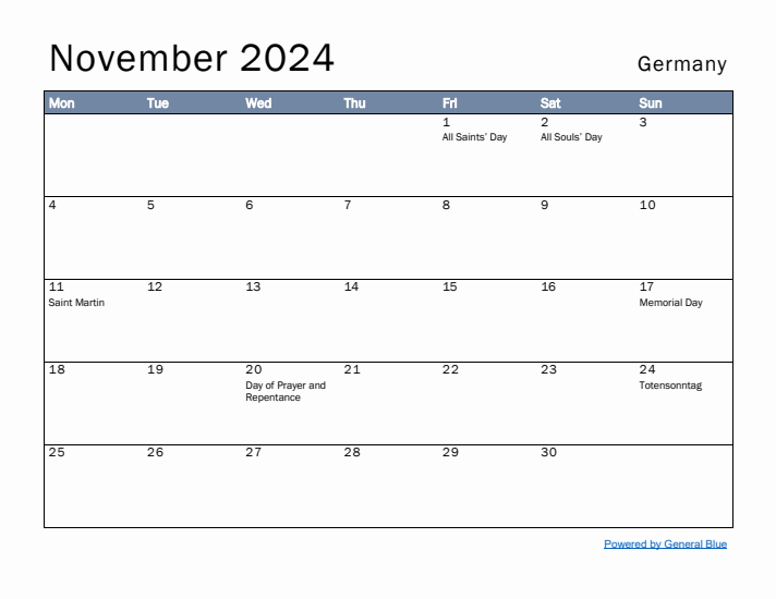 November 2024 Simple Monthly Calendar for Germany