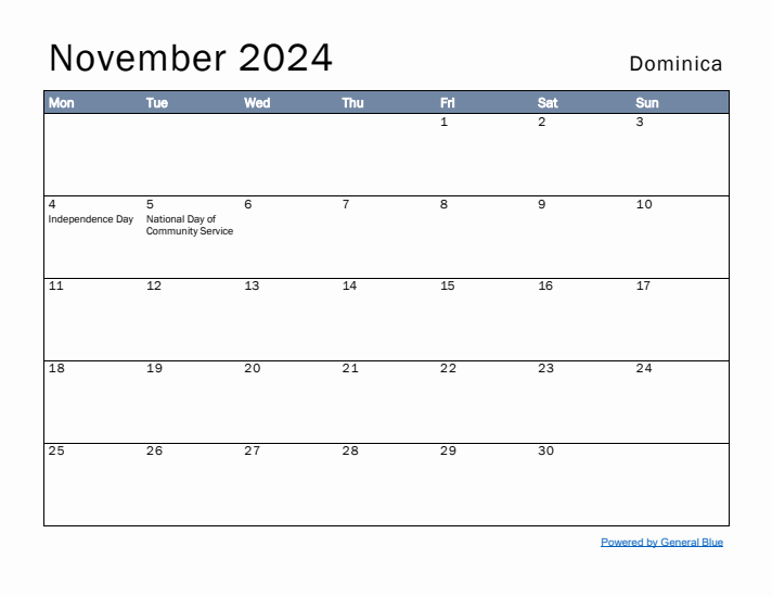 November 2024 Simple Monthly Calendar for Dominica