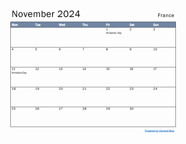 November 2024 Simple Monthly Calendar for France