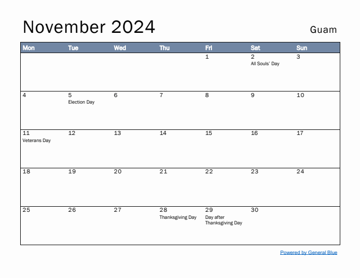 November 2024 Simple Monthly Calendar for Guam