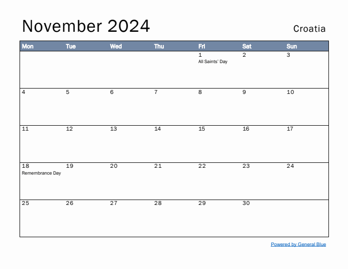 November 2024 Simple Monthly Calendar for Croatia