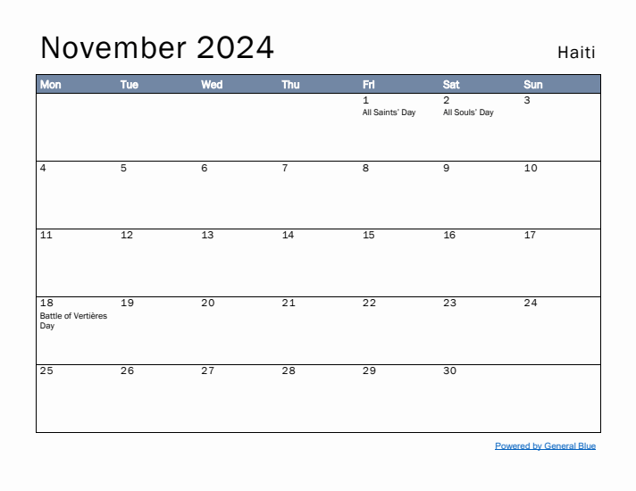 November 2024 Simple Monthly Calendar for Haiti