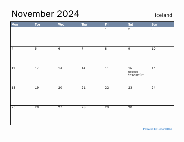 November 2024 Simple Monthly Calendar for Iceland