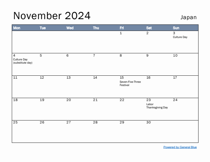 November 2024 Simple Monthly Calendar for Japan