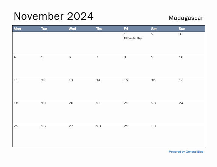 November 2024 Simple Monthly Calendar for Madagascar