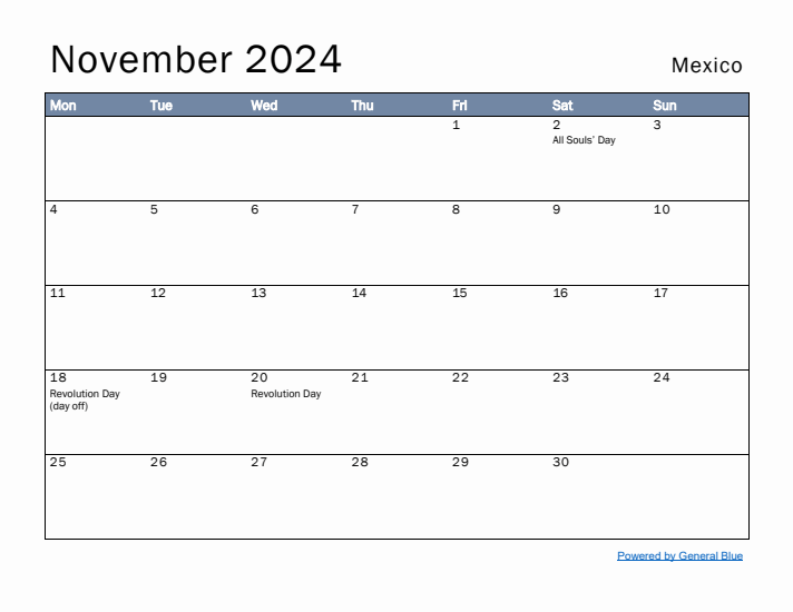 November 2024 Simple Monthly Calendar for Mexico