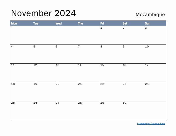 November 2024 Simple Monthly Calendar for Mozambique