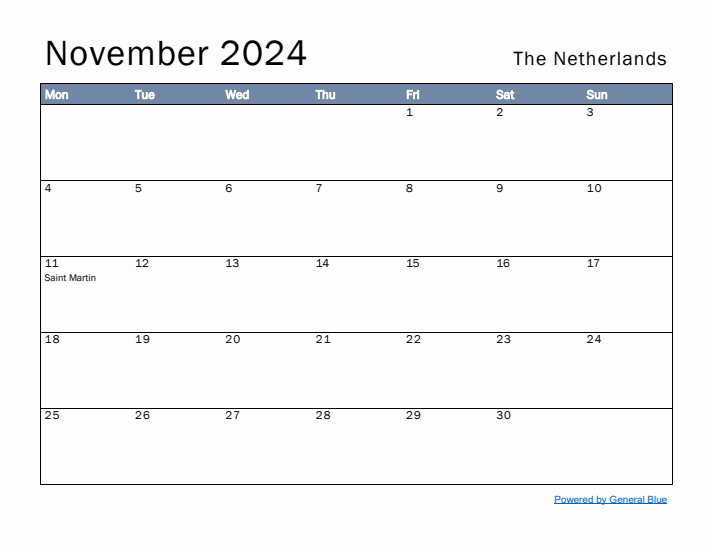 November 2024 Simple Monthly Calendar for The Netherlands