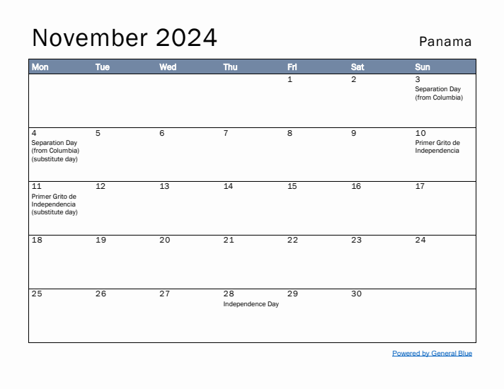 November 2024 Simple Monthly Calendar for Panama