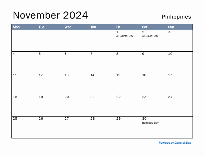 November 2024 Simple Monthly Calendar for Philippines